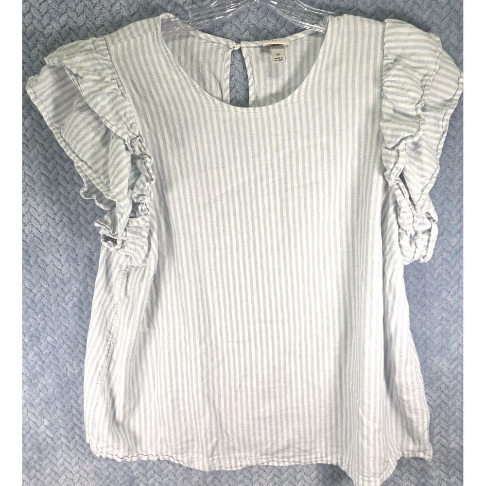 A New Day Blouse XL Women's Blue White Stripe Linen Frill Tank Top Beach Boho